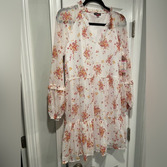 NWT Vince Camuto Size S White Floral Ruffle Flowy Long Sleeve Sheer Mini Dress - Picture 4 of 14